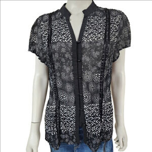 NY Collection Short Sleeve Button Down Sheer Floral Top Size L